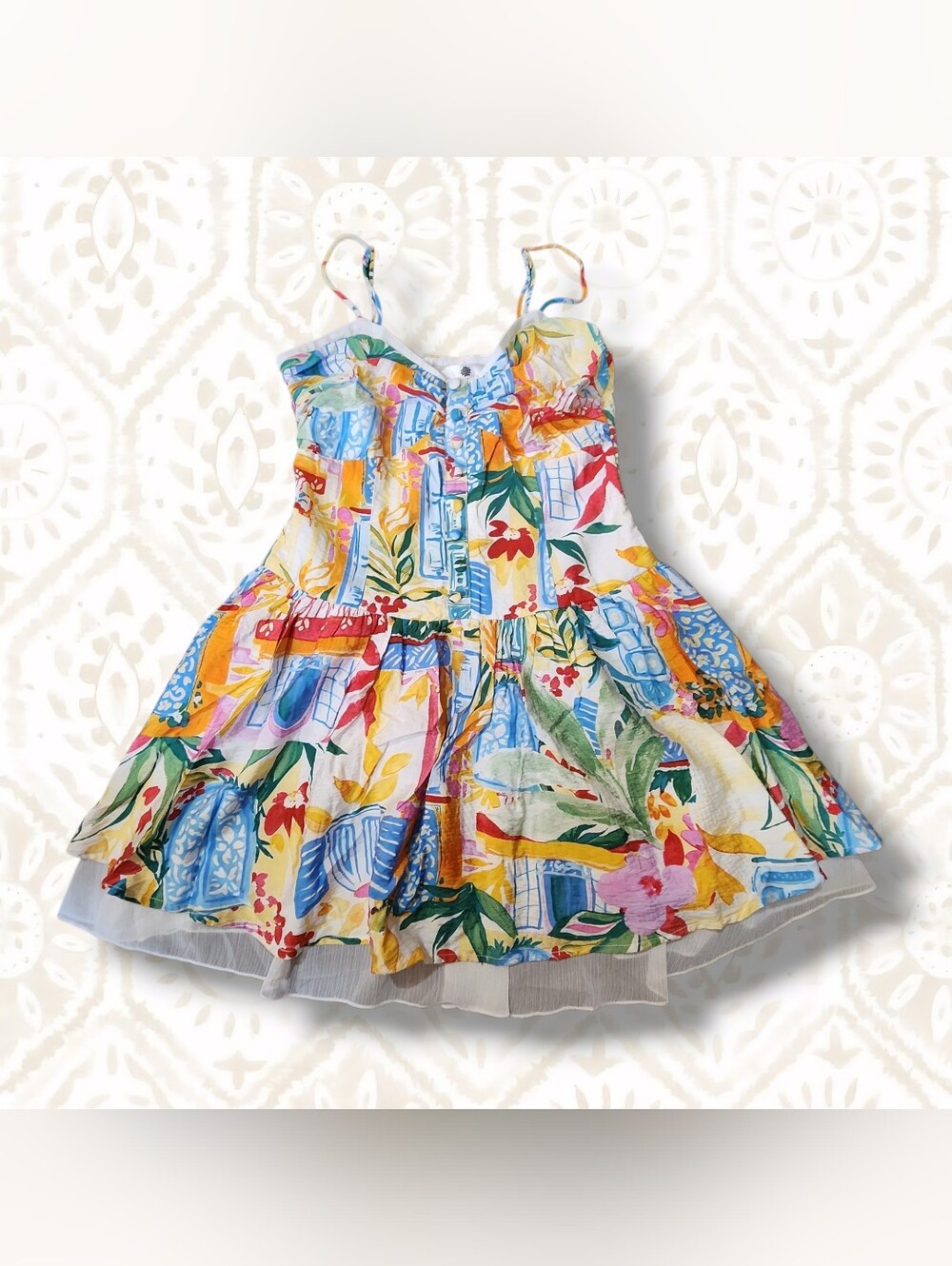 Tropical Floral Spaghetti-Strap Mini Dress in Multicolor